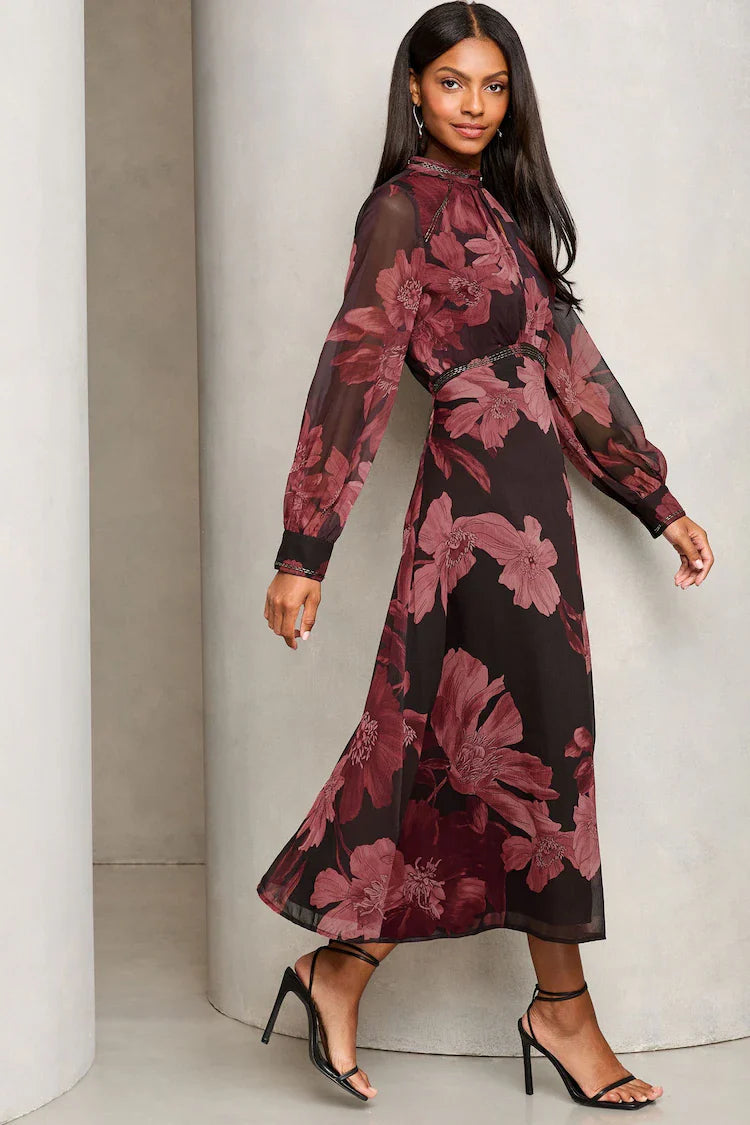 Lipsy Red Printed Woven Long Sleeve Underbust Midi Dress