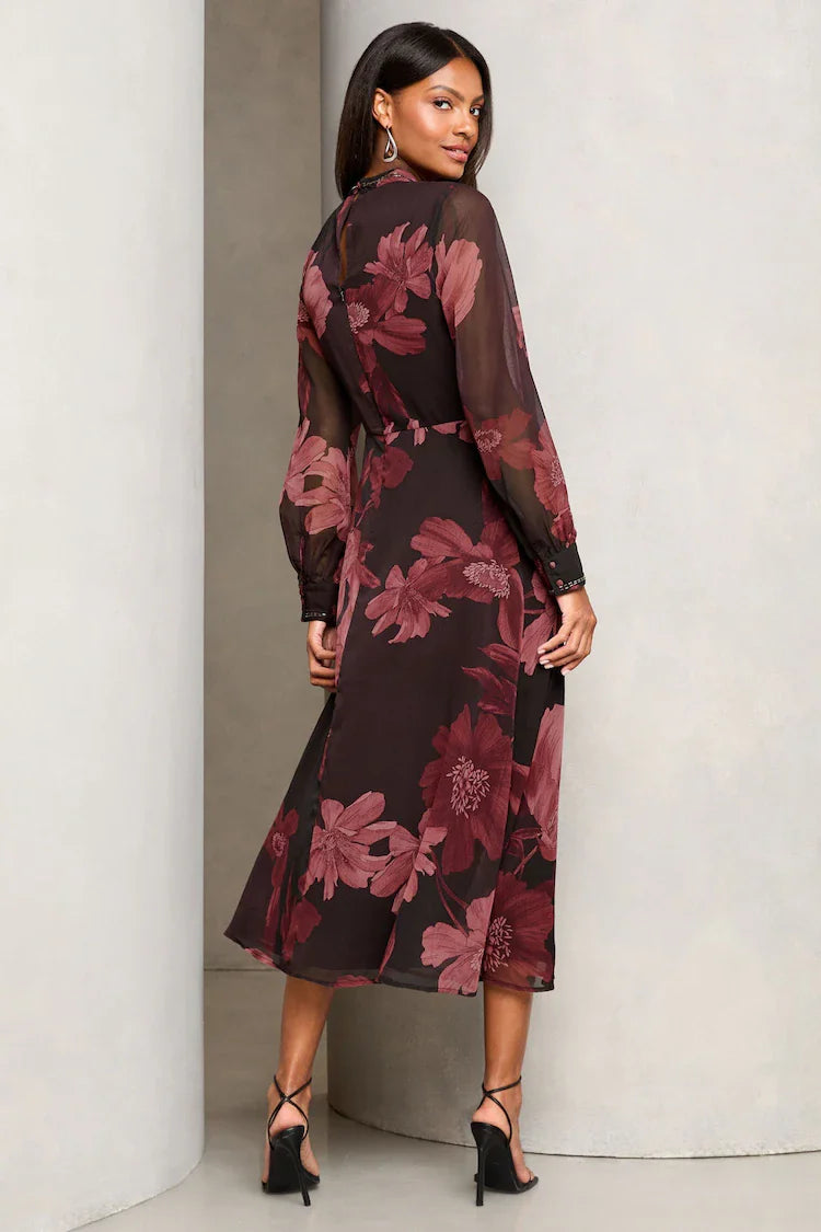 Lipsy Red Printed Woven Long Sleeve Underbust Midi Dress