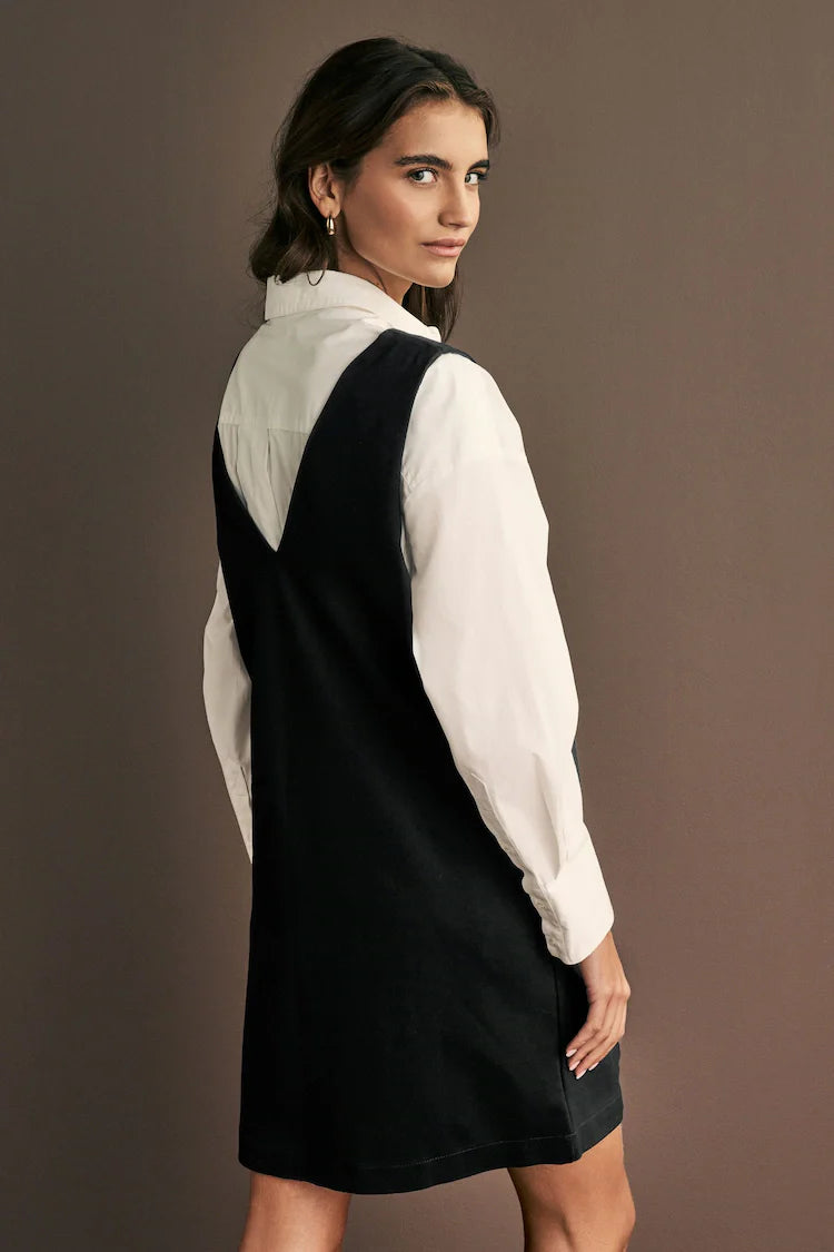Black V-Neck Ponte Pinafore Mini Dress