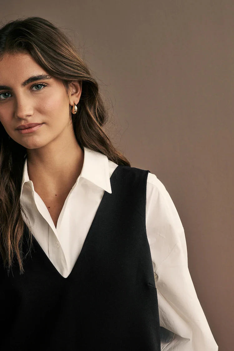 Black V-Neck Ponte Pinafore Mini Dress