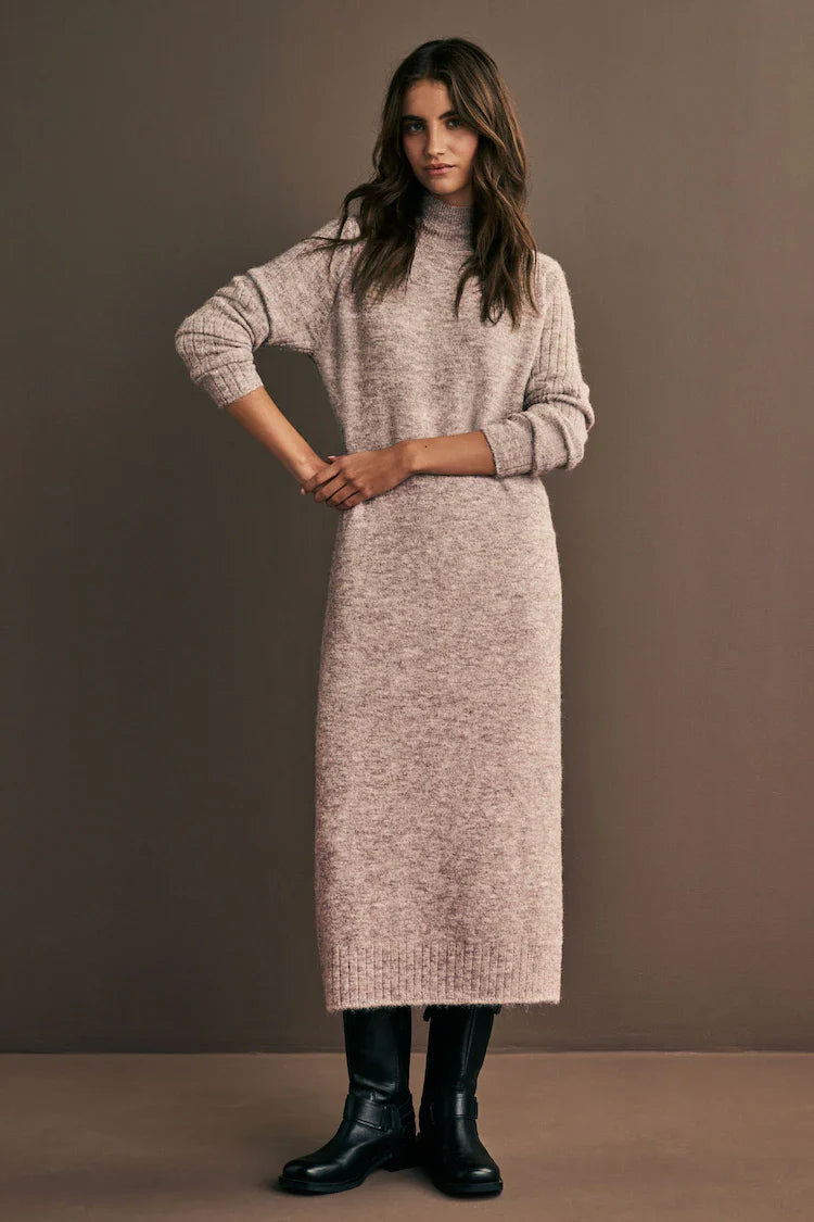 Neutral High Neck Long Sleeve Maxi Knitted Jumper Dress