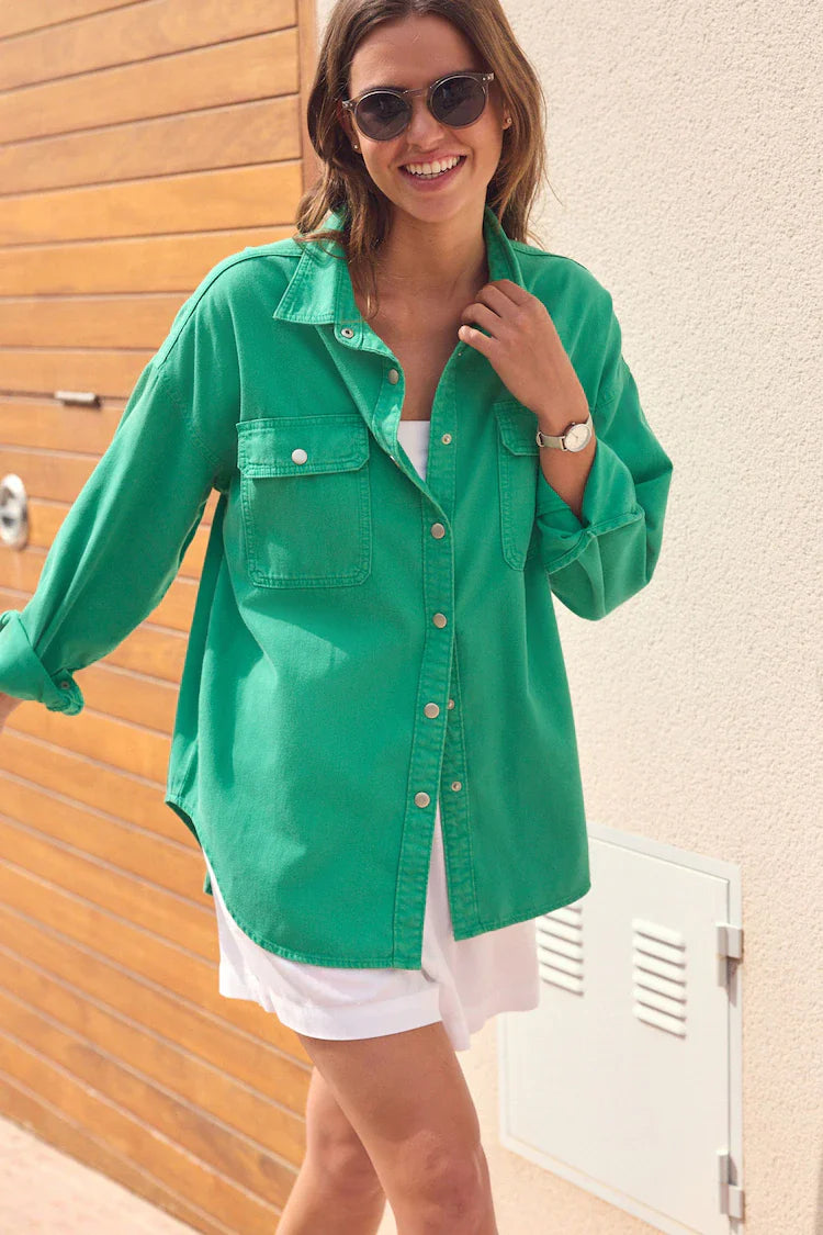 Green Print Oversized Denim 100% Cotton Shirt