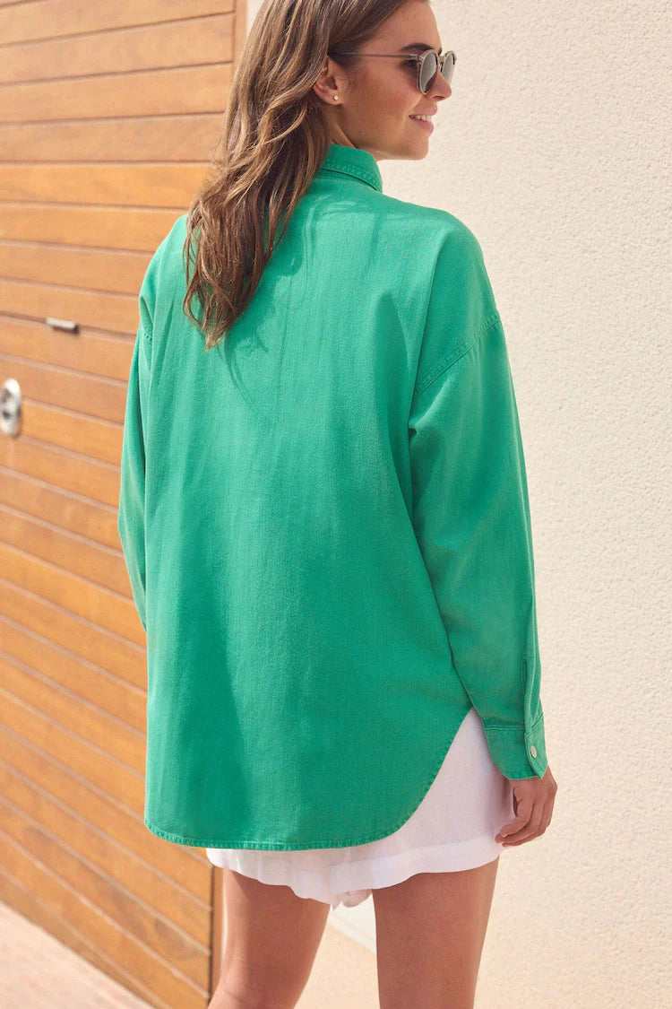 Green Print Oversized Denim 100% Cotton Shirt